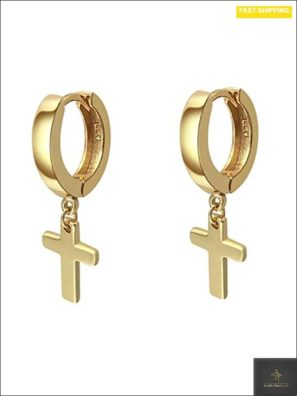 Solid Yellow Gold Plated 925 Sterling Silver Post Drop Dangle Cross Huggie Hoop
